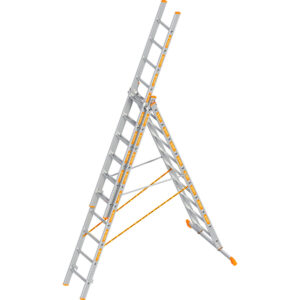 Layher Allzweckleiter TOPIC 10 Sprossen, Aluminiumleiter 3-teilig 3x10 Sprossen, ausziehbar, beidseitig begehbar, klappbar, Länge 6.65 m