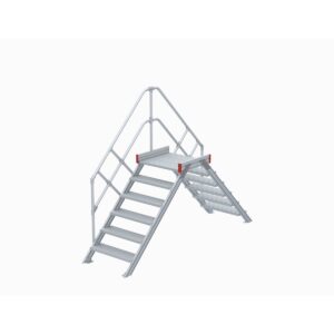 Euroline Überstieg 45 Grad, 600 mm Stufenbreite, 1 Treppen-/Podestgeländer, Stufenausführung Alu – gerieft 6 Stufen