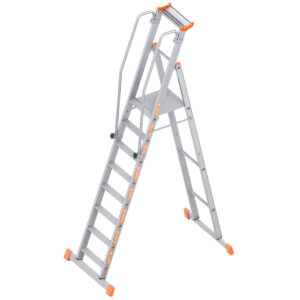 Layher Plattformleiter TOPIC 8 Sprossen; Aluminiumleiter mit Plattform,Handläufen und breiten Stufen; einseitig begehbar; klappbar Länge 3.10 m